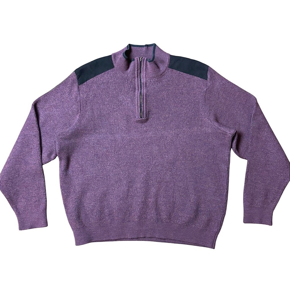 VTG St. Croix Mens Purple Wool/Cotton Quarter Zip Sweater Shoulder Patches - Med